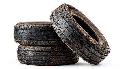 Three used vehicle tires stacked on top of each other, showing signs of use and age, close-up texture detail, isolated on bright white background with room for branding