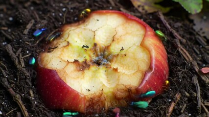 Time lapse of insects swarming and feasting on a decaying apple fruit in garden soil - Powered by Adobe