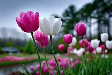 Fototapeta premium Pink and white tulips in a garden