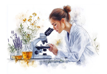 Biologist examining plant samples under a microscope. Watercolor style illustration isolated on white background