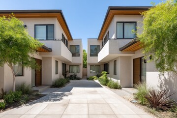 Twin duplexes sharing a central courtyard wide angle lens capturing symmetrical fa??A section ade bright midday shadows smooth stucco textures