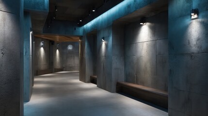 Underground venue chamber with glowing recessed wall lights high ambient occlusion in textured concrete seams moody palette of