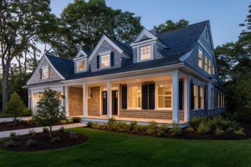 Two-toned Cape Cod home with navy shutters white siding dramatic top-down lighting casting symmetrical roof shadows rich texture