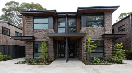 Urban duplex linear brickwork blackened steel canopy captured in moody overcast with cinematic grading muted tones natural reflection