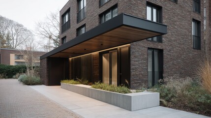 Urban duplex linear brickwork blackened steel canopy captured in moody overcast with cinematic grading muted tones natural reflection