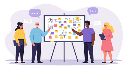 Diverse Team Brainstorming on Whiteboard with Colorful Sticky Notes and Charts.