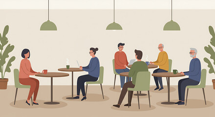 Diverse Group of People Relaxing and Working in a Cafe Setting.