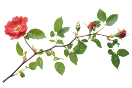 Elegant single red rose stem with delicate buds and vibrant green leaves isolated on transparent background, high-resolution PNG perfect for romantic floral designs, wedding stationery, greeting cards