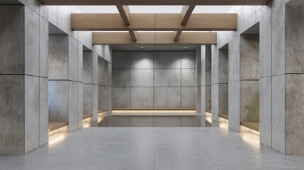 Vaulted concrete space with modular partitions recessed ambient lighting concrete reflections soft mist layers in background