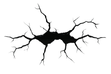 Jagged black wall crack isolated on transparent background high-resolution PNG cutout ideal for urban decay textures, architectural damage overlays, distressed design elements, and dramatic digital