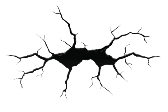 Jagged black wall crack isolated on transparent background high-resolution PNG cutout ideal for urban decay textures, architectural damage overlays, distressed design elements, and dramatic digital