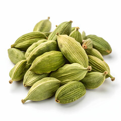 pile of green cardamom pods on white background