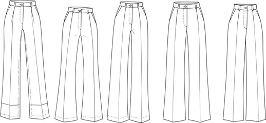 Women’s high-waisted wide-leg trousers technical fashion flat sketch vector template set with pleats, darts, and waistband details