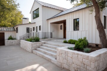 White barn-style residence with integrated stone planter walls midday directional lighting with sharp shadows neutral grading rich surface