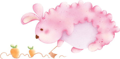 Hand drawn cute rabbit gardening carrots, watercolor illustration cartoon