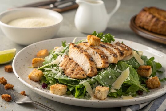 Delicious grilled chicken Caesar salad awaits with crispy croutons and Parmesan cheese, a light yet satisfying meal