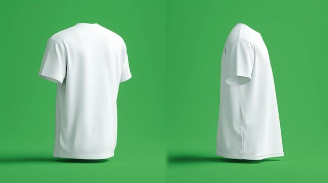 Animated rotating white tshirt mockup for merch design on a green background
