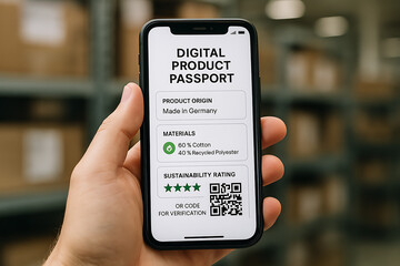 digital product passport, Close-up of hand holding smartphone showing digital product passport with product origin, material composition, sustainability rating, and QR code for verification
