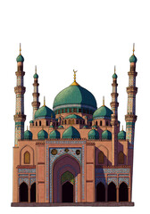 Illustration Old Pixelated Mosque Building with Minarets and Dome