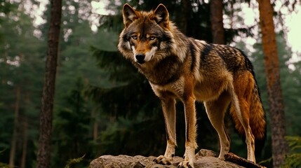 Obraz premium The solitary wolf gazing intently amidst the tranquility of the woodland setting