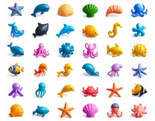 Naklejka premium Set of 3D icons with sea creatures on a white background