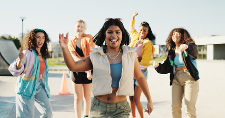 Portrait, dancing and girl friends in city with music for hip hop, fashion or talent with...