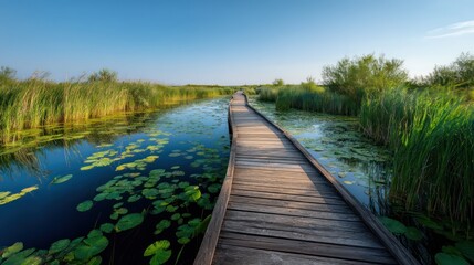 Wooden boardwalk water-lily covered wetland high side light with clear water reflection motion blur on reeds moss green