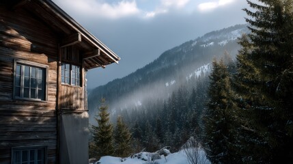 Wooden chalet nestled between snow-covered pine trees side-lit by early morning light casting sharp directional shadows detailed grain