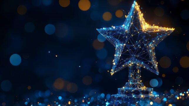 Glowing star award trophy on dark background with bokeh lights.
