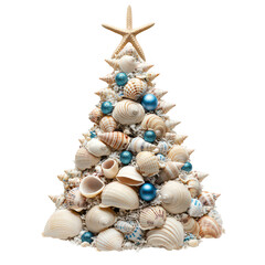 Unique seashell christmas tree decoration adorned with blue ornaments and starfish isolated on transparent background