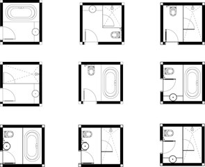Bathroom Floor Plan Collection - 9 Diverse Layouts with Fixtures