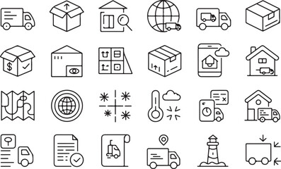 Logistics supply chain business process line icon set. Vector pictograms of route, packaging, freight, proof, digital, document, forecast, demand, thin linear illustration. 