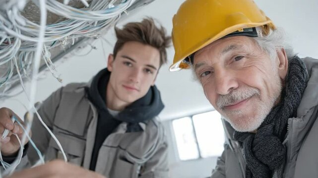 Construction Apprentices:  A seasoned construction worker mentors a young apprentice amidst the intricate maze of electrical wiring.