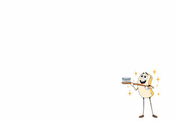 Cartoon character holding a tray with a cake and smiling joyfully  