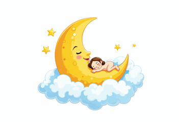 Cartoon child sleeping on crescent moon surrounded by stars  