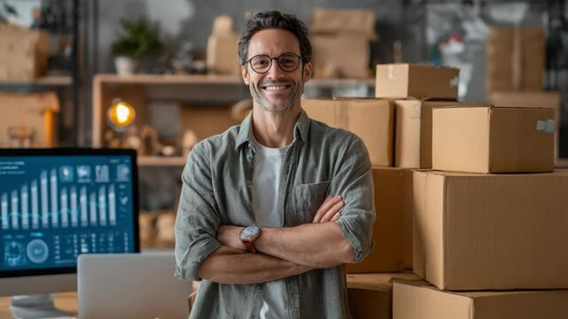 Entrepreneur's Vision: Confident entrepreneur stands proudly amongst stacks of packages, surrounded by business analytics, embodying the spirit of commerce and innovation.