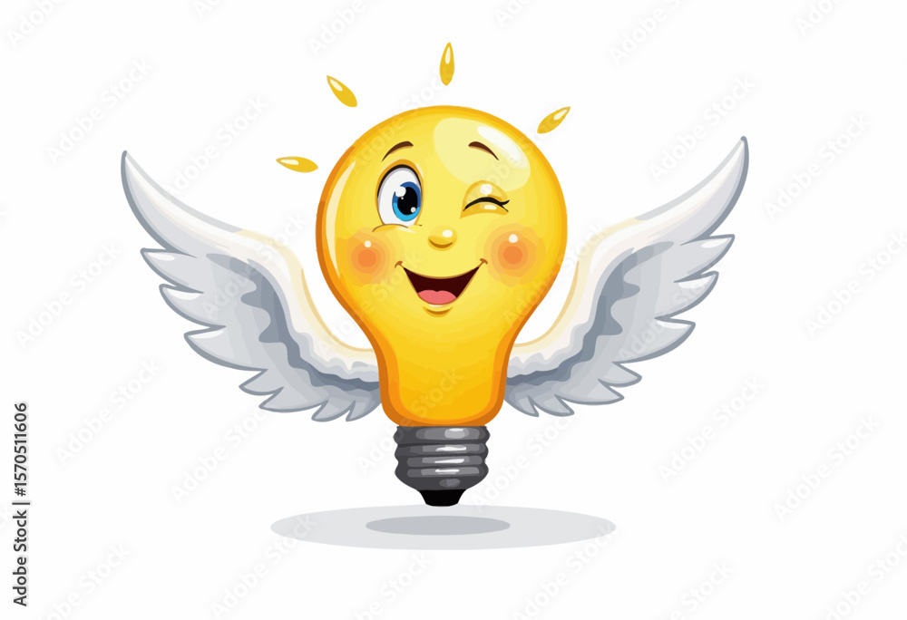 Poster cheerful light bulb character with wings winking and smiling
