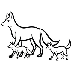 Fototapeta premium A mother fox walks with her two young kits in a simple line art silhouette