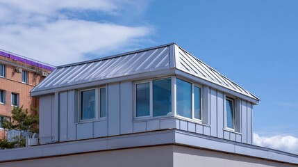 Modern architecture standing seam metal roof on urban building.