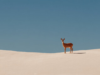 lone deer stands on white sand dunes beneath a clear blue sky, creating a serene and minimalist natural scene.