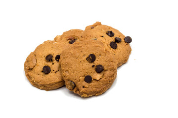 Delicious homemade chocolate chip cookies, perfectly golden brown and rich with melty chocolate, artfully arranged on a clean white background, ideal for tempting advertisements