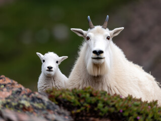 Obraz premium mountain goat and its kid rest among rocks and greenery, looking directly at the camera with a calm and curious expression.