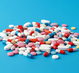 pharmaceutical pills scattered across a vibrant blue background, perfect for healthcare