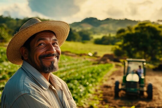 Portrait of a smiling middle-aged farmer in a hat. There is a farm and crops in the background, and people are working on a tractor - Powered by Adobe
