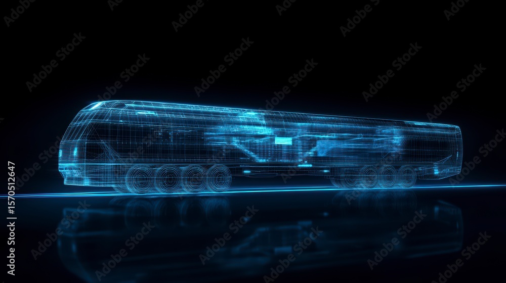 Poster futuristic high-speed train digitally rendered in blue wireframe on dark background.