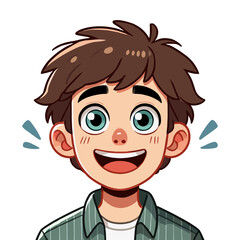 Cartoon of smiling teenage boy with twinkling eyes wearing a striped shirt