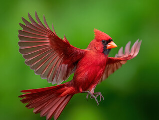 Fototapeta premium vibrant red cardinal bird is captured mid-flight with wings fully spread against a blurred green background.