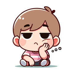 Cute boy cartoon character with bored expression in white background