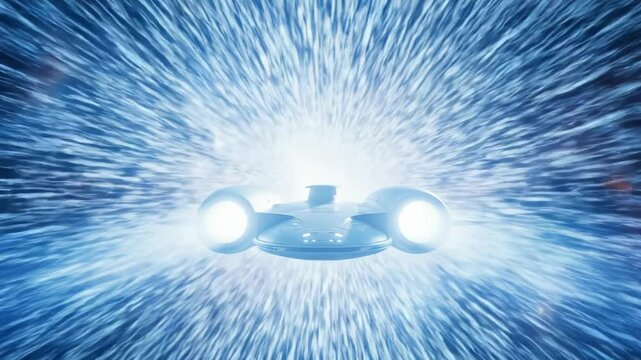 A spaceship with glowing engines flying through a blue tunnel