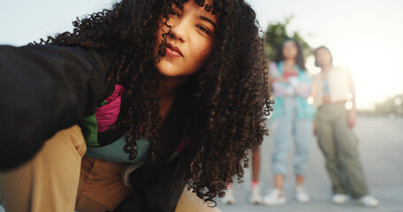 Portrait, selfie and woman with streetwear, outdoor and profile picture of Gen z in city or...